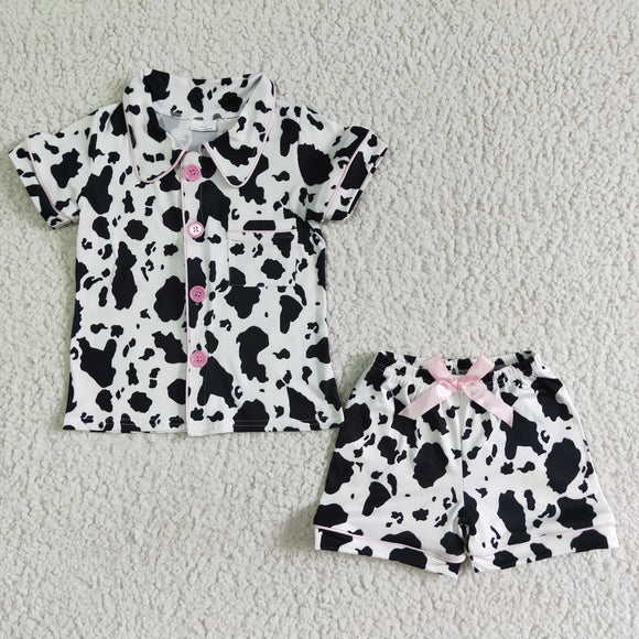 Cow Print Pink Bows Girls Short Sleeve Pajamas