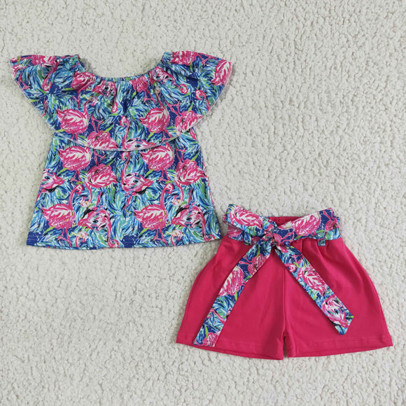 Flamingos Hot Pink Girls Shorts Sets