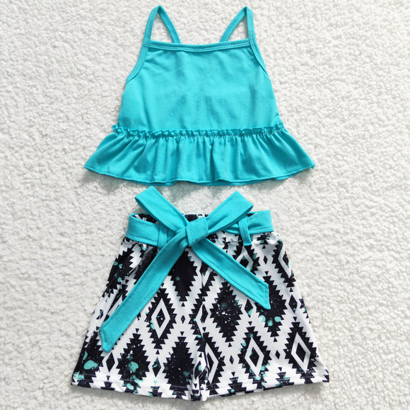 Promotional Solid Green Belt Ruffles Rhomb Girls Shorts Sets