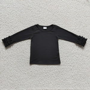Solid Black Ruffles Girls Long Sleeve Top