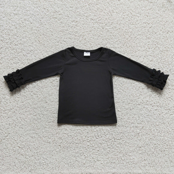 Solid Black Ruffles Girls Long Sleeve Top