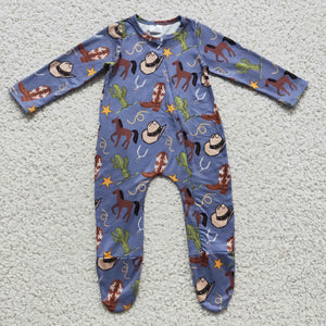 Horse Hats Boots Cowboy Blue Boys Fall Romper