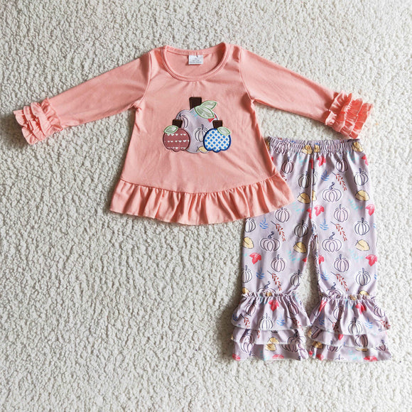 Three Pumpkins Embroidery Pink Ruffles Girls Long Sleeve+Trousers Sets
