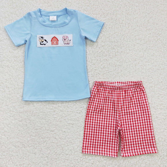 Cow House Pig Blue Red Plaid Boys Shorts Sets