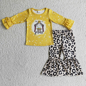 Jesus Leopard Print Yellow Girls Christmas Outfits