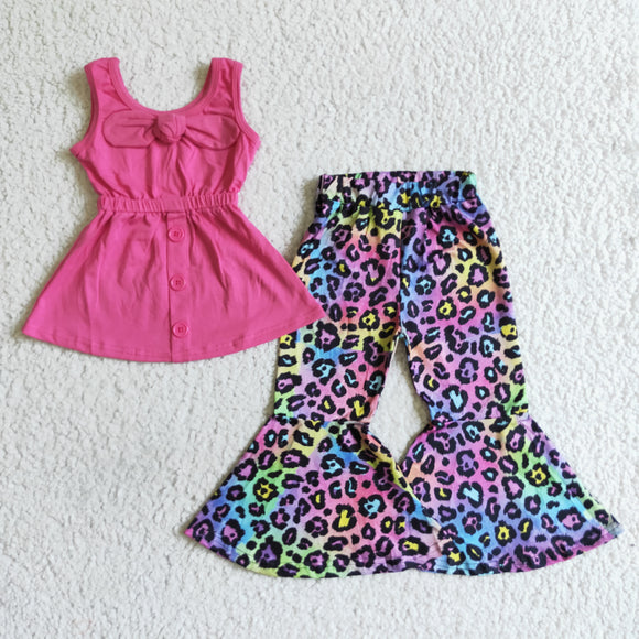 Promotional Unique Bow Hot Pink Leopard Print Girls Short Sleeve+Trousers Sets