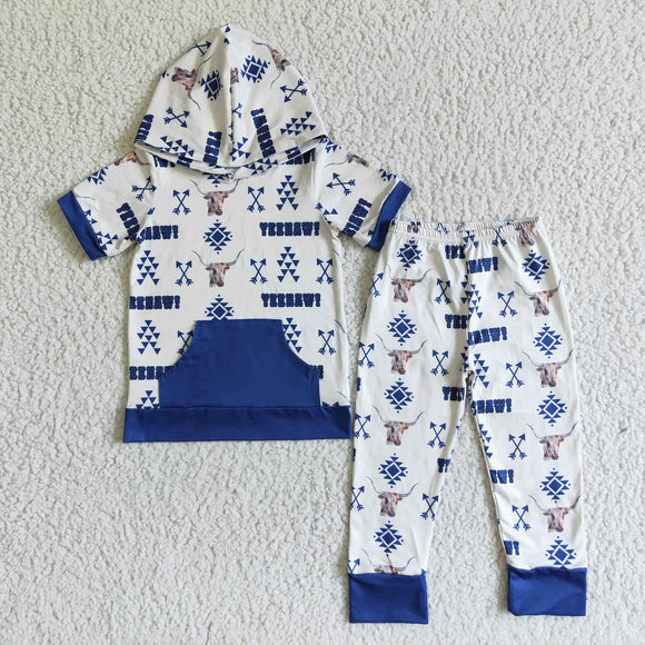 Promotional YEEHAW Aztec Cow Blue Boys Fall Hoodie Sets