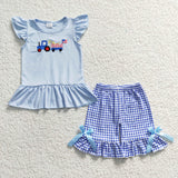 Truck Dog Blue Plaid Bows Girls 4th of July Outfits