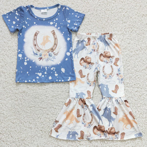 Rodeo Boots Floral Blue White Girls Short Sleeve+Trousers Sets