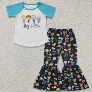 Promotional Cartoon Stay Girls Short Sleeve+Trousers Sets