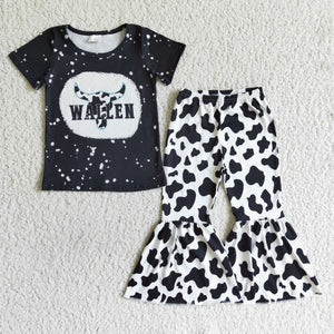 Promotional Cow Print Wallen Black Girls Short Sleeve+Trousers Sets
