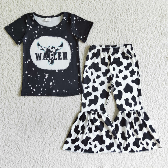 Promotional Cow Print Wallen Black Girls Short Sleeve+Trousers Sets