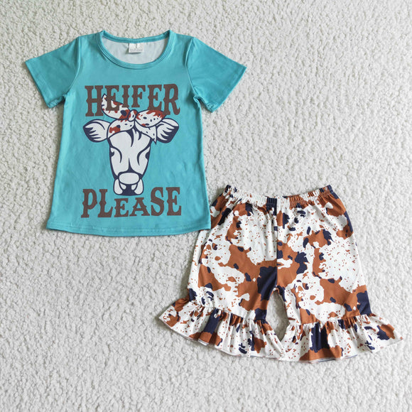 Heifer Please Cow Print Blue Girls Shorts Sets