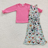 Chicken Pink Girls Suspender Pants Overalls Sets
