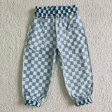 Blue Plaid White Kids Pants