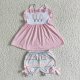 Popsicle Embroidery Pink Bow Girls Shorts Sets
