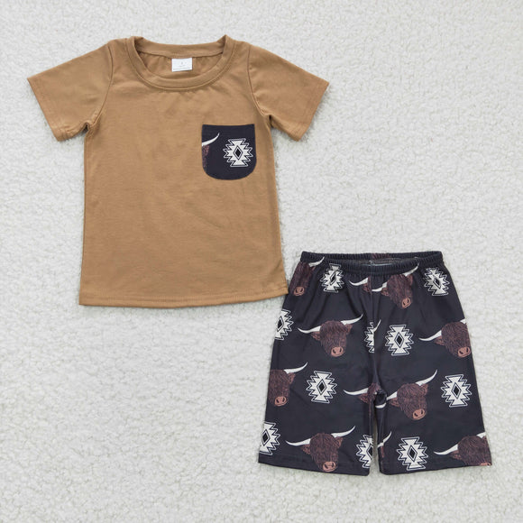 Highland Cow Aztec Pocket Brown Boys Shorts Sets