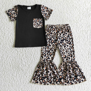 Promotional Leopard Print Pocket Black Girls Short Sleeve+Trousers Sets