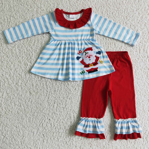 Santa Embroidery Sky Blue Red Girls Christmas Outfits