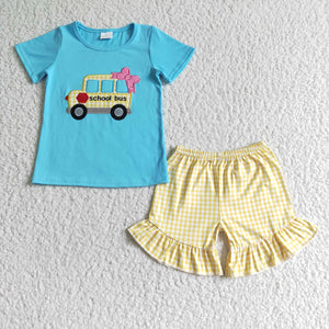 Bus Embroidery Yellow Plaid Sky Blue Girls Back to School Outfits