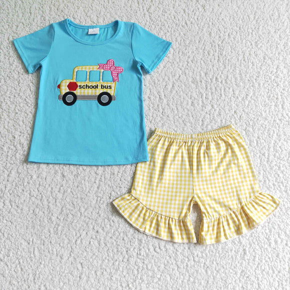 Bus Embroidery Yellow Plaid Sky Blue Girls Back to School Outfits