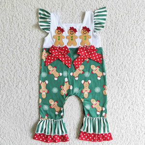 Gingerbread Embroidery Green Stripes Red Boys Christmas Romper