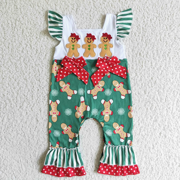 Gingerbread Embroidery Green Stripes Red Boys Christmas Romper
