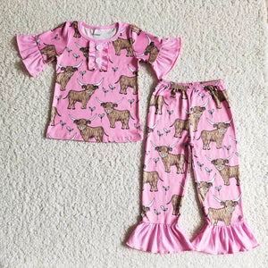 Promotional Cow Yak Pink Girls Short Sleeve Pajamas