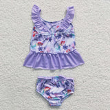 Cartoon Mermaid Floral Purple Girls Swimsuits