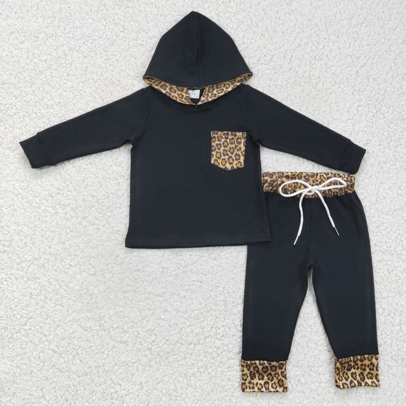 Promotional Brown Leopard Print Black Boys Fall Hoodie Sets