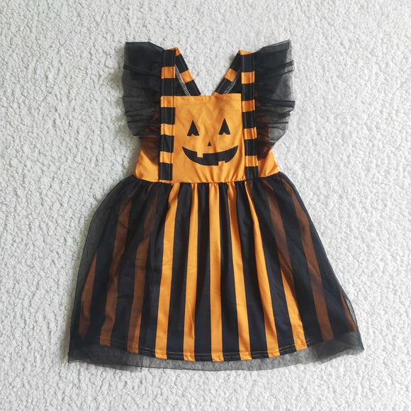 Promotional Pumpkin Stripes Orange Black Gauze Girls Halloween Dress
