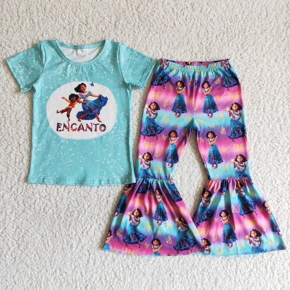 Promotional Cartoon Blue Purple Girls Short Sleeve+Trousers Sets