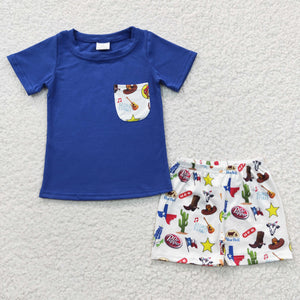 Cow Cartoon White Blue Boys Shorts Sets