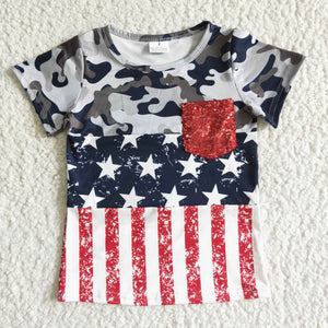 Promotional Camo Stars Stripes Sequin Pocket Boys 4th of July Top