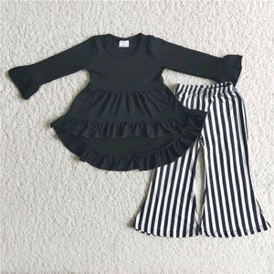 Solid Black Asymmetric Stripe Girls Long Sleeve+Trousers Sets