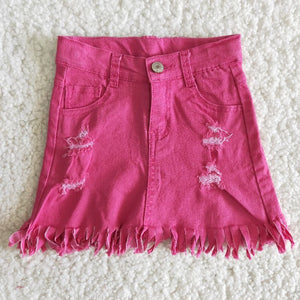 Hot Pink Distressed Tassels Girls Jeans Denim Skirts Shorts