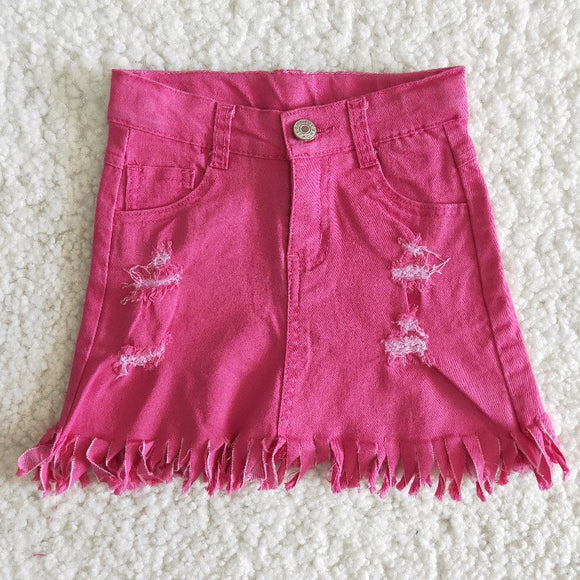 Hot Pink Distressed Tassels Girls Jeans Denim Skirts Shorts