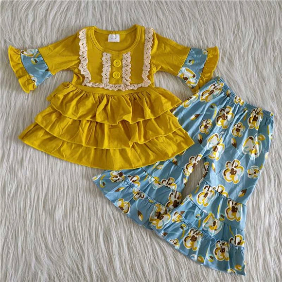 Promotional Lace Yellow Floral Girls Long Sleeve+Trousers Sets