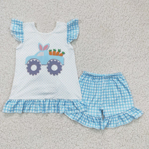 Tractor Carrots Sky Blue Plaid Girls Easter Outfits