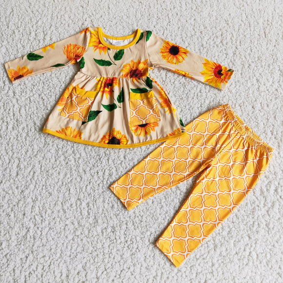 Promotional Sunflower Pockets Orange Girls Long Sleeve+Trousers Sets