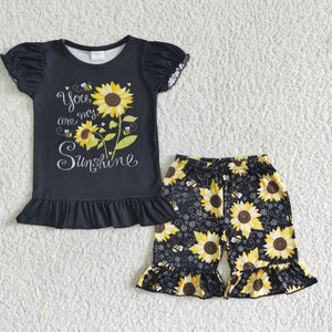 Promotional Sunflower Black Girls Shorts Sets