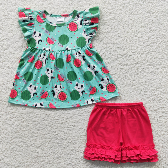 Cat Watermelon Green Red Girls Shorts Sets