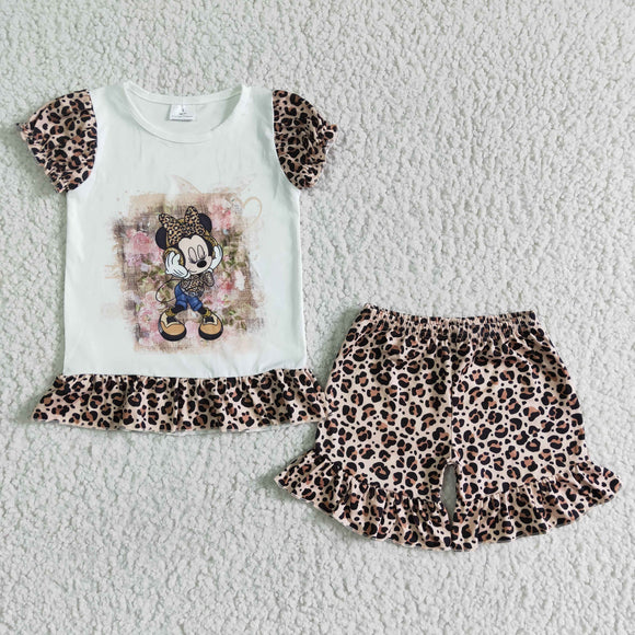 Promotional Cartoon Leopard Print Girls Shorts Sets