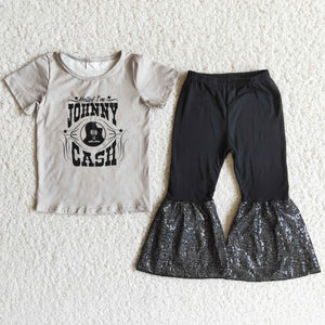 Promotional Cash Gray Sequins Girls Short Sleeve+Trousers Sets