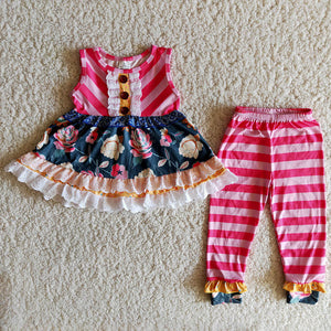 Pink Stripes Floral Girls Short Sleeve+Trousers Sets