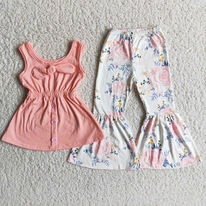 Promotional Unique Bow Floral Girls Short Sleeve+Trousers Sets