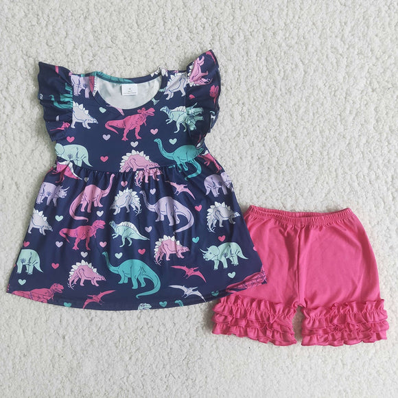 Promotional Dinosaur Navy Hot Pink Girls Shorts Sets