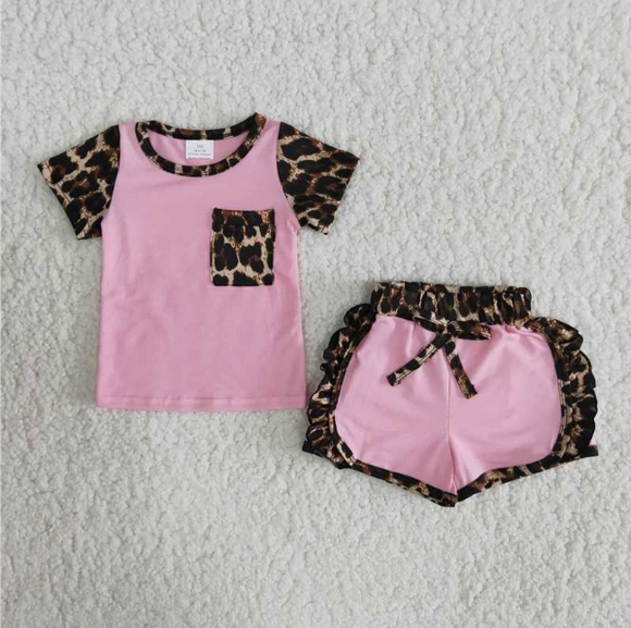 Pink Leopard Print Pocket Girls Shorts Sets