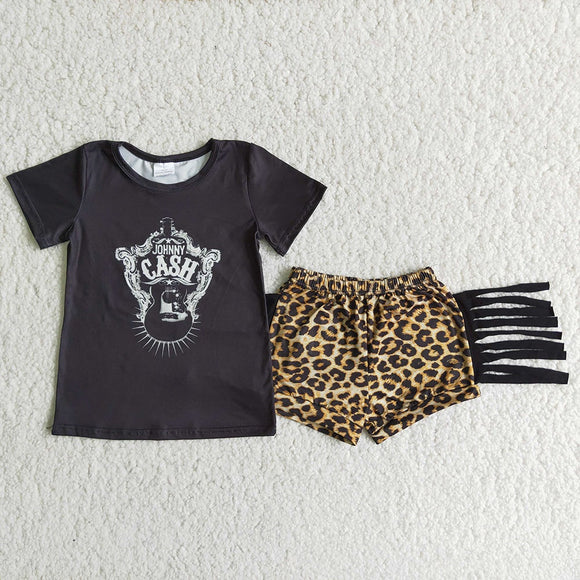 Promotional Cash Tassels Leopard Print Black Girls Shorts Sets