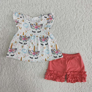 Promotional Unicorn Coral Ruffles Girls Shorts Sets